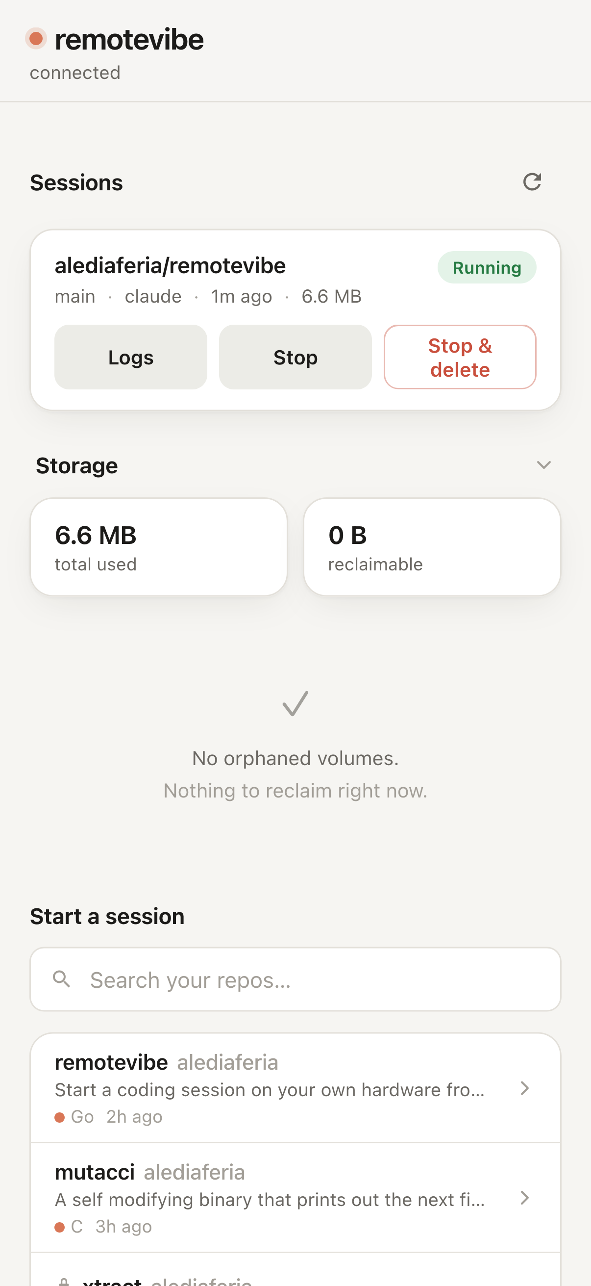 A running session with its storage footprint