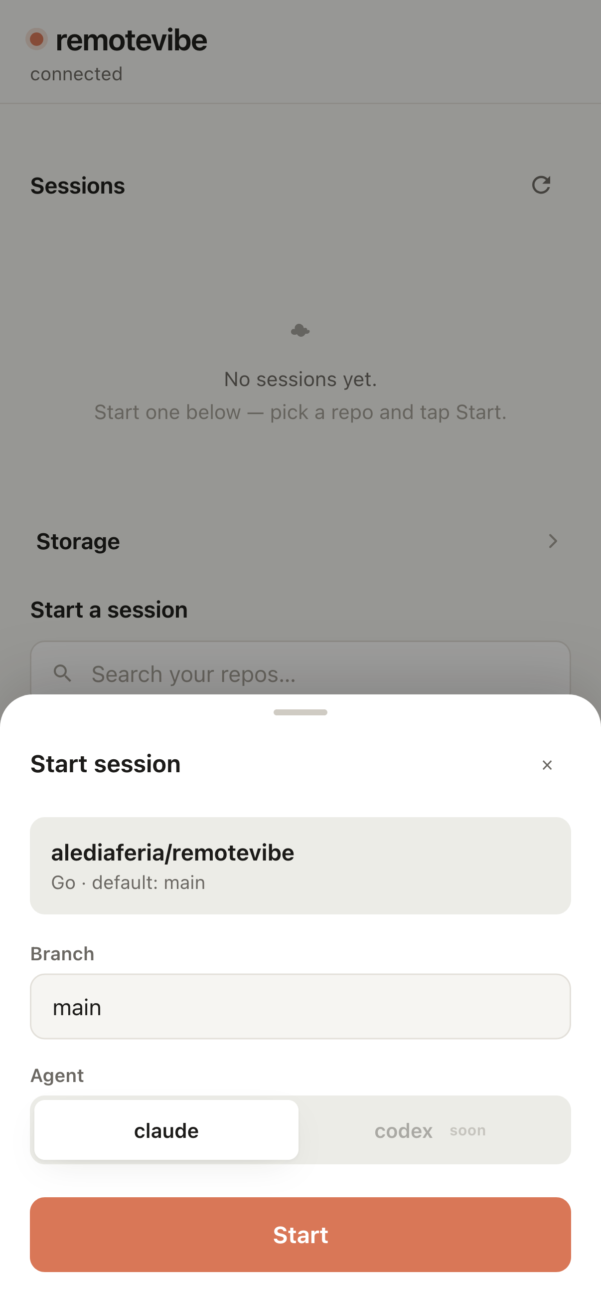 Remotevibe start-session sheet: pick a branch and an agent, then tap Start