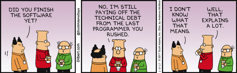 dilbert, technical debt, comic strip, business outcome language